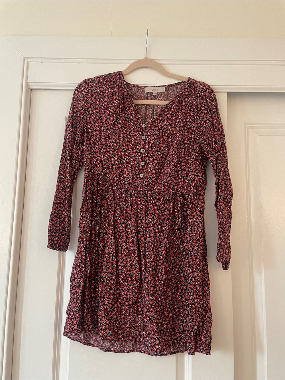 LOFT Red Floral Button-Front Casual Dress